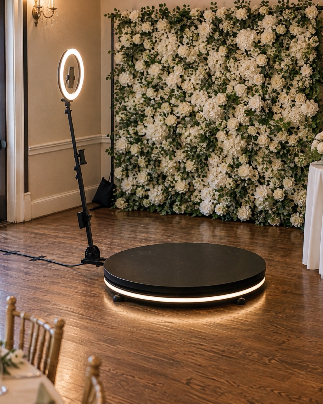 The 360 video booth platform with its warm LED base ring and camera arm, set up in front of a white flower wall