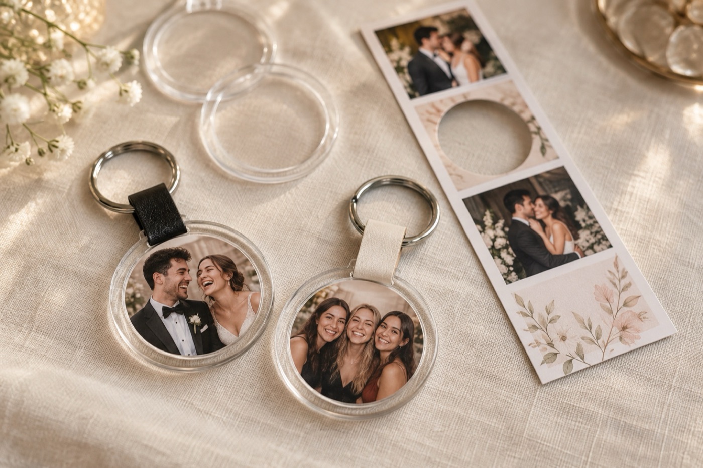 Two finished acrylic photo keychains, one on a black strap and one on a white strap, beside a 2x6 photo strip with a circle punched from the middle photo