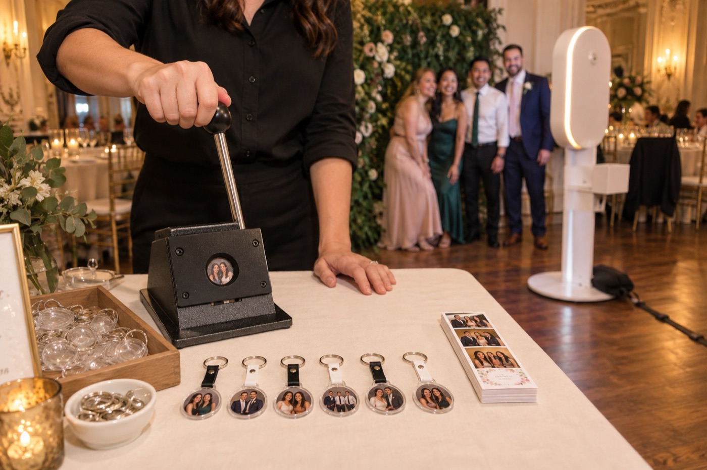 An attendant pressing the lever punch at the keychain station, with finished photo keychains on the table and the white photo booth facing a greenery backdrop behind